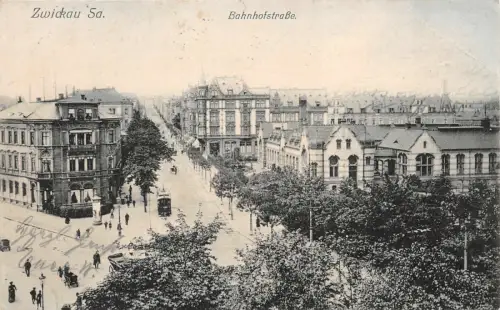 Straßenansicht Bahnhofsstraße mit Straßenbahn Zwickau Sachsen Postkarte AK 1936