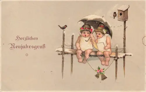 Herzlichen Neujahrsgruß Engel mit Regenschirm AK 1921
