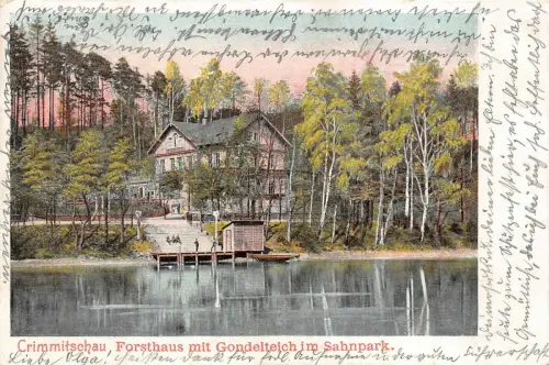 Forsthaus mit Gondelteich im Sahnpark Crimmitschau Sachsen Postkarte AK 1904