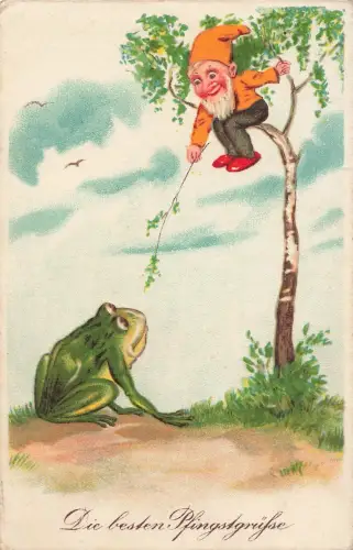 Pfingsten Zwerg Gnom mit Frosch Postkarte