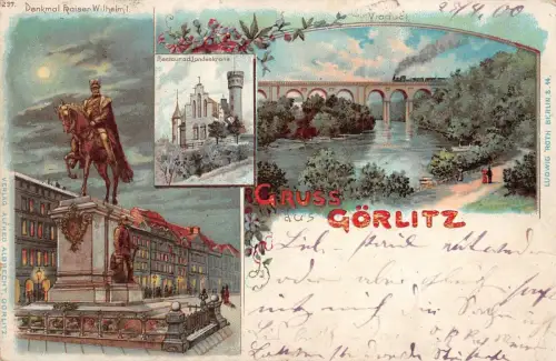 Gruss aus Görlitz Denkmal Kaiser Wilhelm I. Restaurant Landeskrone AK 1900