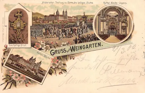 Gruss aus Weingarten Kathol. Kirche Historischer Festzug Postkarte AK 1900