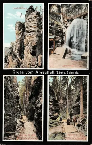 Gruss vom Amselfall Basteifelsen Schwedenlöcher Postkarte AK