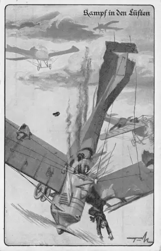 AK Deutsche Luftflotten zerstörte Flugzeug Kampf in den Lüften 1. WK