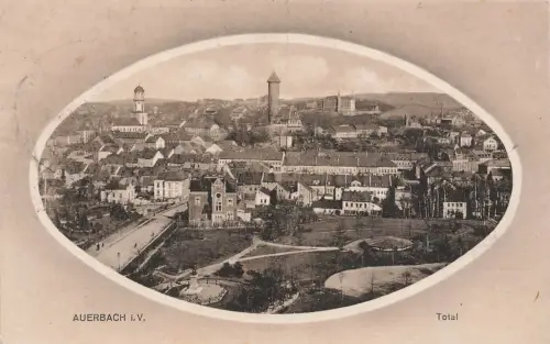 Totalansicht mit Blick zum Schlossturm in Auerbach Vogtland Sachsen Postkarte AK