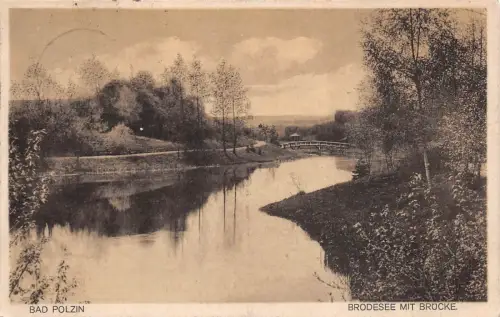 Bad Polzin Brodesee mit Brücke Postkarte AK 1927