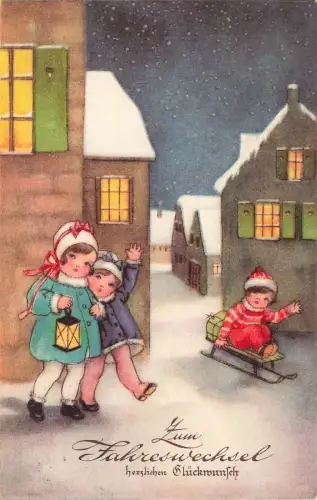 Jahreswechsel Mädchen mit Schlitten Postkarte HP. 1932