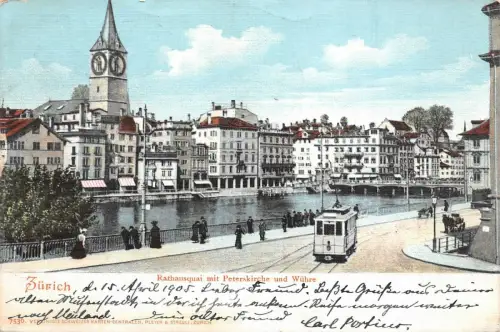 Zürich Rathausquai mit Peterskirche und Wühre Straßenbahn Postkarte AK 1905