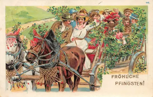 Fröhliche Pfungsten Frauen im Pferdewagen AK geprägt 1906