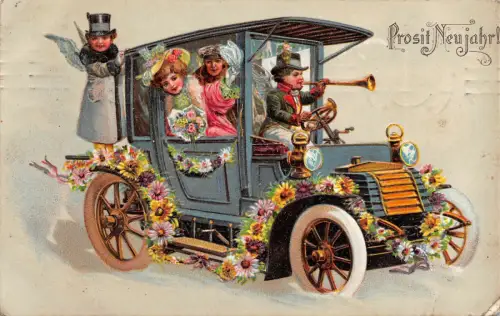 AK Neujahr Engel mit Frau und Auto 1909 Chemnitz