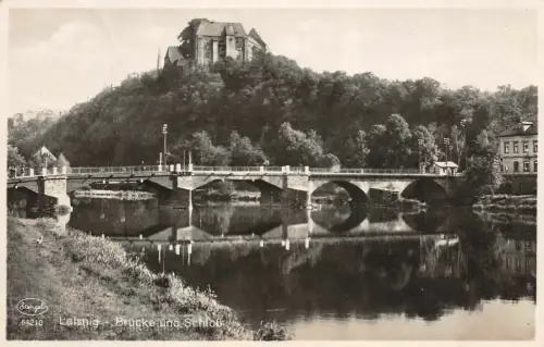 Brücke und Schloß Leisnig Sachsen Postkarte AK 1935