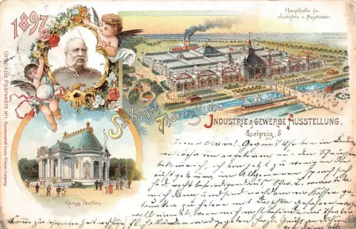 Industrie & Gewerbe Austellung, Königs Pavillon Leipzig Sachsen Litho AK 1897