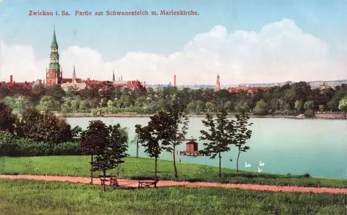 Partie am Schwanenteich mit Marienkirche Zwickau Sachsen Postkarte AK