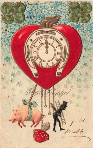 Neujahr Uhr im Herz Glückwunschpostkarte 31.12.1904 geprägt