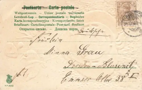 Neujahr Uhr im Herz Glückwunschpostkarte 31.12.1904 geprägt