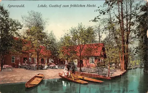 Lehde, Gasthof zum fröhlichen Hecht im Spreewald Brandenburg Postkarte AK