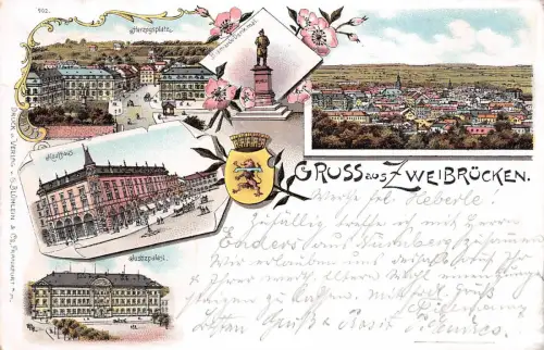 Gruss aus Zweibrücken Kaufhaus Justizpalast Herzogsplatz Postkarte AK 1901