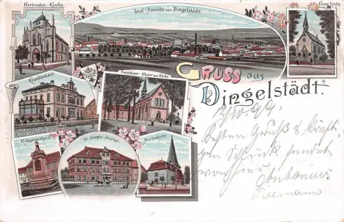 Gruss aus Dingelstädt Total-Ansicht Gertruden-Kirche Postkarte AK 1899