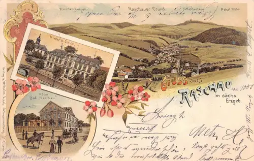 Gruss aus Raschau Hotel Bad Raschau, Kirche Erzgebirge Sachsen Litho AK 1899