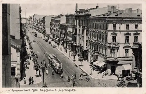 Straßenansicht mit Straßenbahn in Litzmannstadt Łódź Polen Postkarte AK 1941