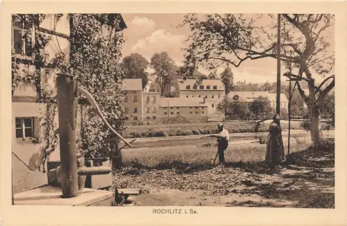 Blick nach der Mühle und dem Hohen Haus in Rochlitz Sachsen Postkarte AK
