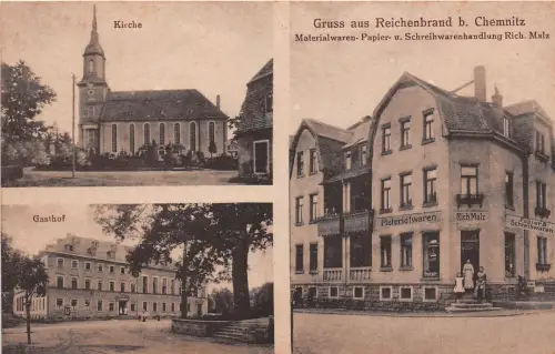 AK Reichenbrand bei Chemnitz Sachsen Kirche, Gasthof, Schreibwarenhandlung