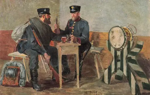 Landsturm beim Bier Trinken mit Gewehr Postkarte AK