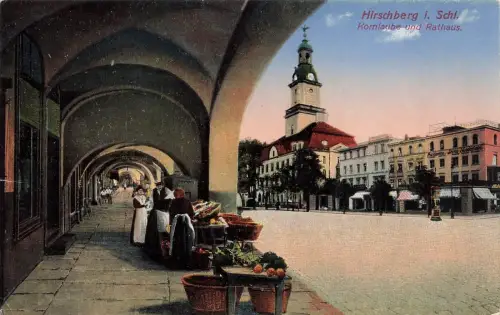 Kornlaube und Rathaus in Hirschberg Schlesien Postkarte AK