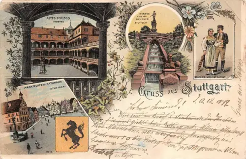 Gruss aus Stuttgart Altes Schloss Marktplatz Rathaus Postkarte 1899