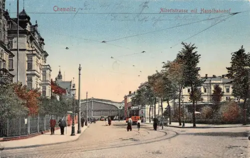 Chemnitz Albertstrasse mit Hauptbahnhof AK
