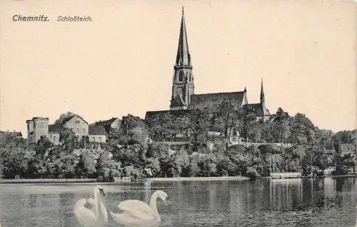 Schloßteich mit Kirche in Chemnitz Sachsen Postkarte AK