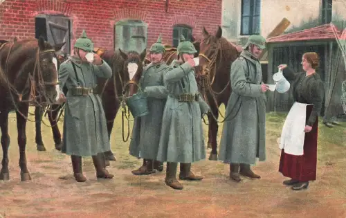 Ein gutes Quartier in Feindesland Soldaten an Pferden Postkarte AK 1915