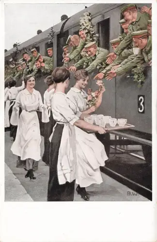 Erfrischungsstation, Soldaten in Waggons auf dem Weg zur Front Postkarte AK