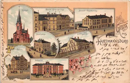 Gruss aus Hartmannsdorf Apotheke Post Schule Stadt Chemnitz Hotel zur Post 1906
