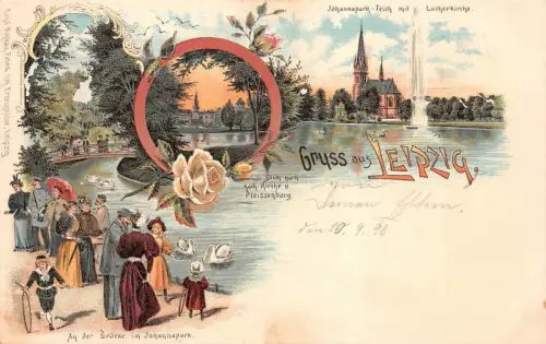 Gruss aus Leipzig Lutherkirche mit Johannapark Sachsen Litho AK 1898