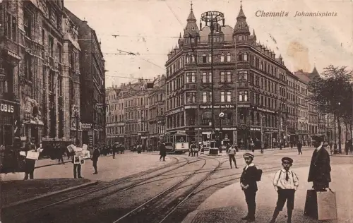 Chemnitz Sachsen Strassenbahn, Kinder auf Johannisplatz Postkarte 1916