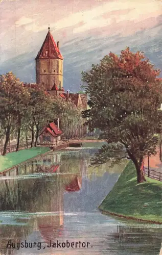 Jakobertor in Augsburg Bayern Postkarte AK