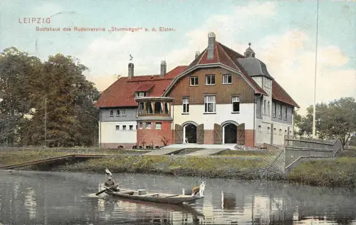 Bootshaus an der Elster in Leipzig Sachsen Postkarte AK 1905