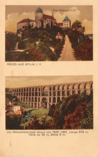 Gruss aus Mylau i. V. Kaiserschloß Göltzschtalbrücke Postkarte AK