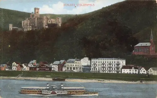 Blick auf Schloss Stolzenfels mit Dampfer, Koblenz Rheinland-Pfalz Postkarte AK
