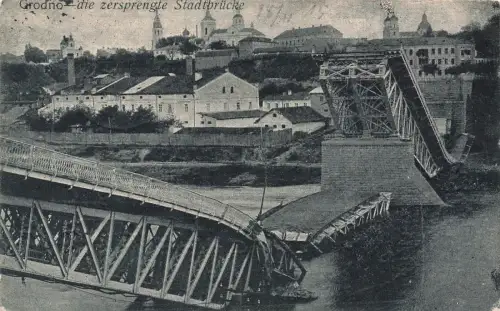 Die Zersprengte Stadtbrücke in Grodno Polen Postkarte AK 1915