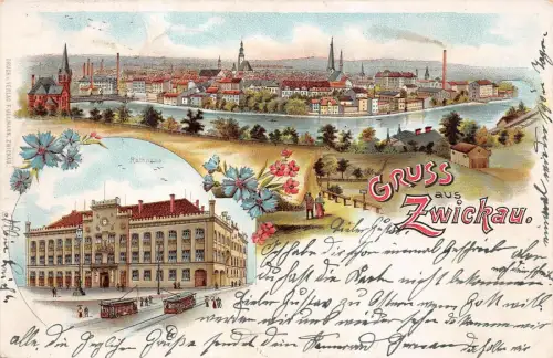 Gruss aus Zwickau mit Stadtansicht und Rathaus Sachsen Litho Postkarte AK 1903