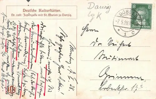 Deutsche Kulturstätten Nr. 228 Jopengasse St. Marien Danzig Künstler AK 1928