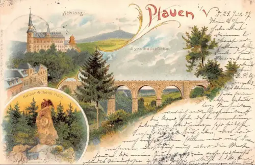 Plauen i./V. Syrathalbrücke Schloss Kaiser Wilhelm Hain Postkarte AK 1897