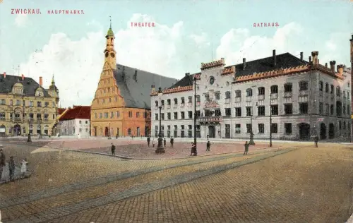 Hauptmarkt mit Theater und Rathaus in Zwickau Sachsen Postkarte AK 1913