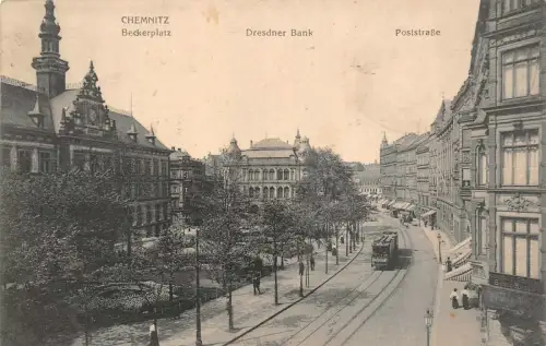 Becker Platz mit Dresdner Bank und Postkarte Chemnitz Sachsen Postkarte AK 1916