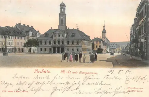 Rochlitz Markt und Hauptstrasse Handkolorierte Künstlerkarte AK 1901