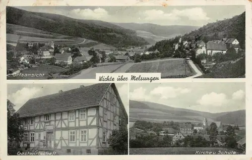 Wichte über Melsungen Ortsansicht Gastwirtschaft Kirche Schule Postkarte AK 1940
