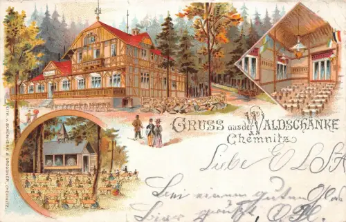 Gruss aus der Waldschänke Chemnitz Sachsen Litho Postkarte AK 1900