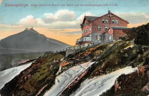Riesengebirge Prinz Heinrich-Baude mit Blick auf die Schneekoppe AK